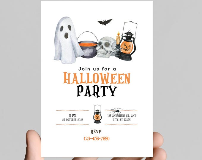 Halloween party invitation, spooky, costumes, pumpkins, spiders, editable, printable, digital