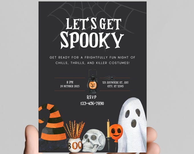 Halloween party invitation, spooky, costumes, pumpkins, spiders, editable, printable, digital