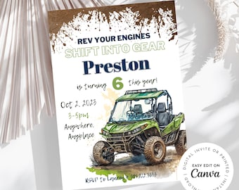 Rev your engine Shift into gear, ATV side by side theme birthday boy invitation, easily edit age and details, dirt, mud, printable, digital