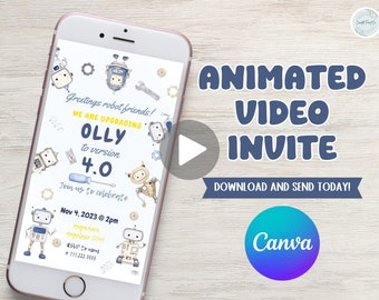 Greeting Robot Friends, Robot Friends Invite, Blue Robot Invitation, Robots theme birthday party video phone invitation, edit to any age