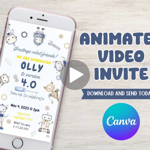 Robots theme birthday party video phone invitation, edit to any age