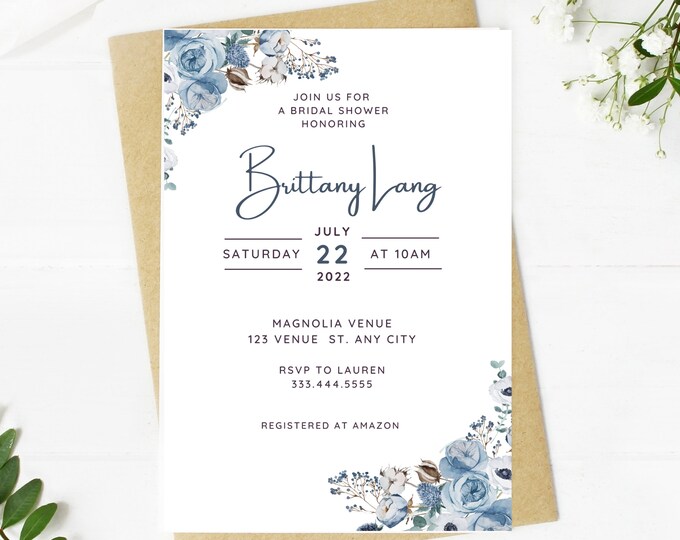 Beautiful dusty blue bridal shower invitation, floral, Wedding, simple, minimalist, printable, editable, instant download template