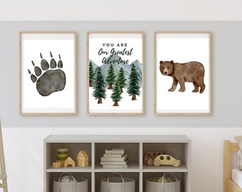 Woodland Nursery Wall Art, Bear Forest Prints (Set of 3) (Digital Download)