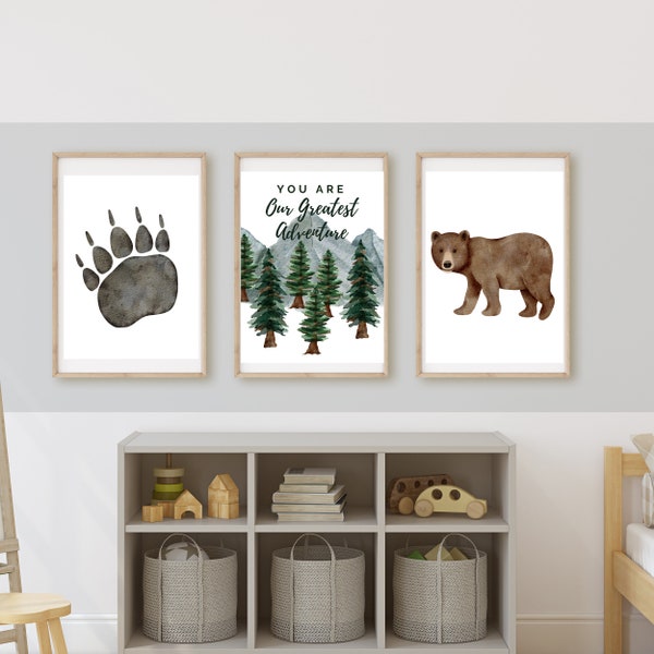 you are our greatest adventure, woodland forest animal nursery wall art decor, bear, baby boy room, 11x14, set of 3 digital prints included.