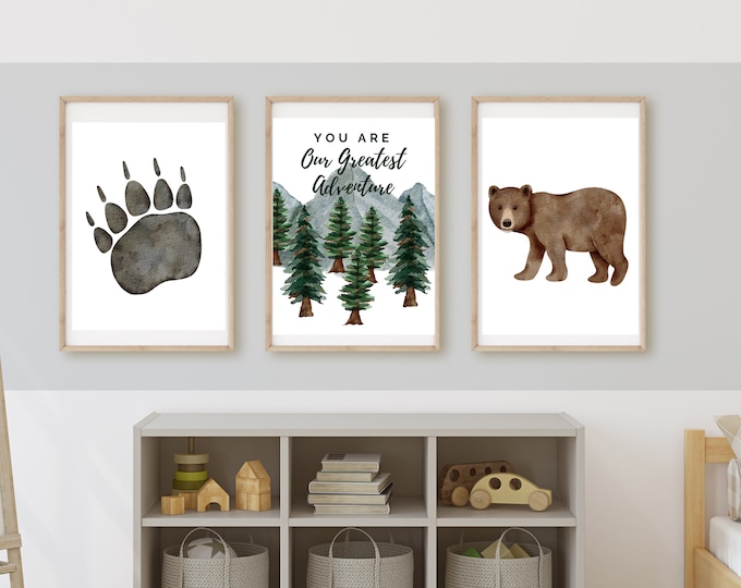 you are our greatest adventure, woodland forest animal nursery wall art decor, bear, baby boy room, 11x14, set of 3 digital prints included.