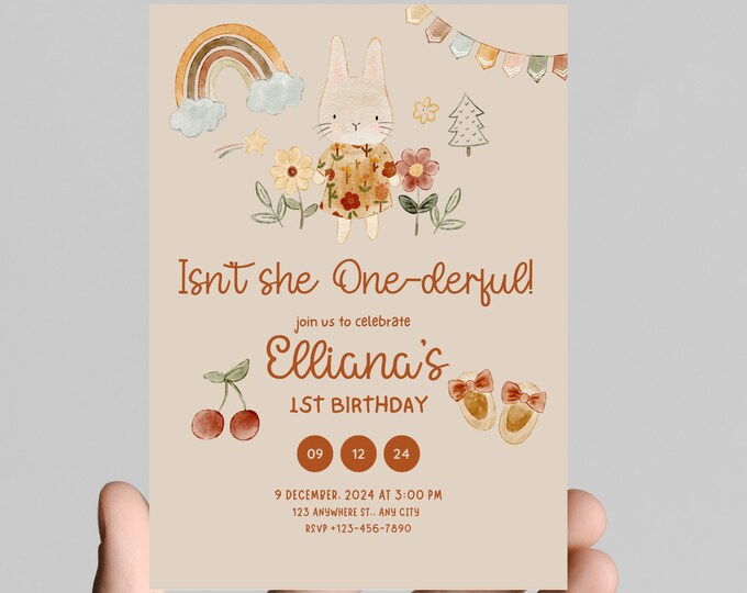 Isn’t she ONE-derful theme 1st birthday party invitation, boho theme, isn’t she wonderful, girl first birthday, printable, digital