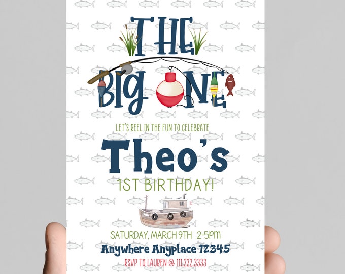 O'FISHally ONE theme Birthday Invitation, guess who is officially one, fish, fishing, water, first birthday invitation