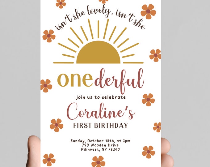Isn’t she ONE-derful theme 1st birthday party invitation, isn’t she lovely isn’t she wonderful, girl first birthday, printable, digital