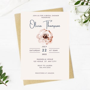 light pale pink floral and greenery bridal shower invitation, Wedding, simple, minimalist, printable, editable, instant download template