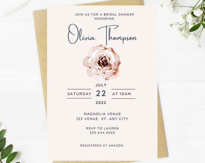 light pale pink floral and greenery bridal shower invitation, Wedding, simple, minimalist, printable, editable, instant download template