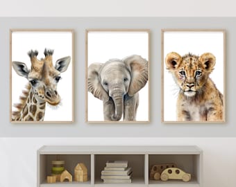baby safari zoo animal nursery wall art decor, lion, giraffe, elephant, gender neutral, nursery room, 11x14, set of 3 digital prints