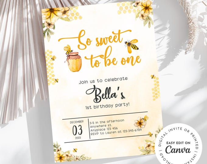 Sweet one, honey bee 1st Birthday Invitation, 1st Bee-Day,First Birthday Party, Bees, gold, Honey, Sweet, Birthday Party, Bee-Day, Celebrate