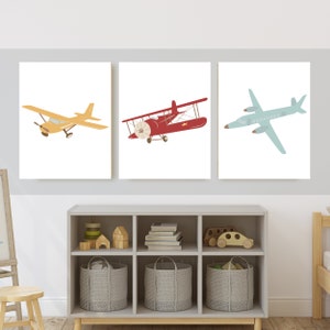 vintage airplane boy room decor, wall art, red blue and yellow airplanes, 11x14, set of 3 digital downloads included, frame not included