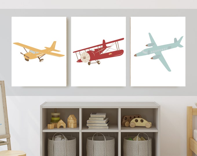 vintage airplane boy room decor, wall art, red blue and yellow airplanes, 11x14, set of 3 digital downloads included, frame not included