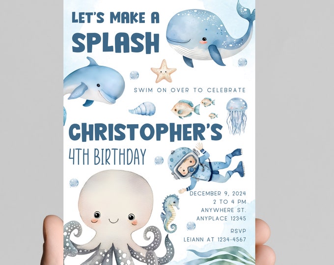 Under the sea theme boy birthday party invitation, blue ocean animals, splish splash, edit to any age, deep sea, ocean
