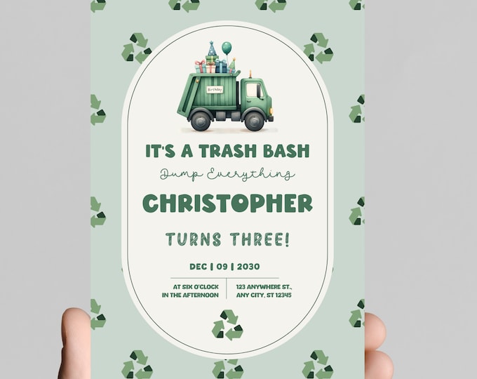 Boom, bang, crash, Garbage truck theme birthday Invitation, rubbage truck, recycle truck, celebrate the birthday boy! Editable, printable