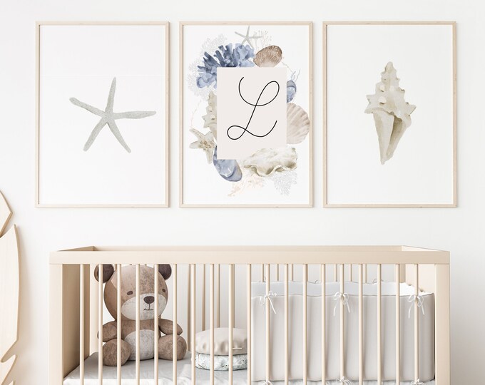 nautical sea shell nursery decor, ocean, sea nursery, starfish, shell, wall art, name art, set of 3 digital printables, frame not included