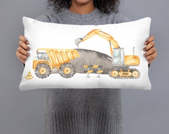 Construction truck theme decorative pillow for boy bedroom, dump truck and excavator