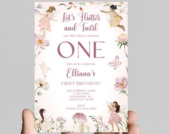 Watercolor Fairies First Birthday Invitation, Editable Template (Digital)