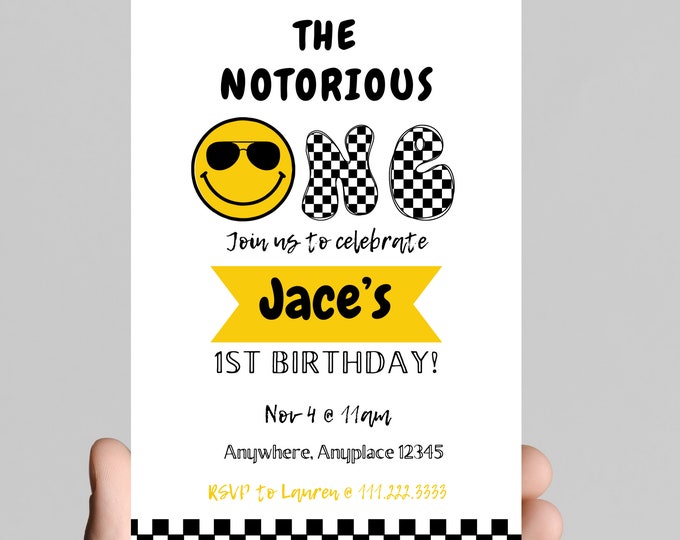 The notorious ONE, happy dude, baby boy 1st birthday party invitation, black and white, smiley face, sunglasses, edit and printable, digital