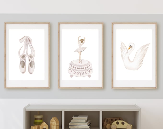 ballet nursery wall art decor, light pink ballet shoes and tutu, ballet dress, pale pink bow,  11x14, set of 3, no frames