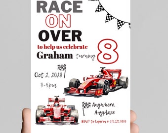 Race on over to celebrate, race car theme birthday invitation, any age, racing, race car driver, nascar, editable, printable, digital