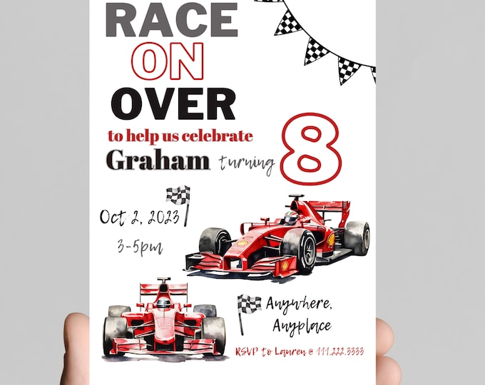 Race on over to celebrate, race car theme birthday invitation, any age, racing, race car driver, nascar, editable, printable, digital