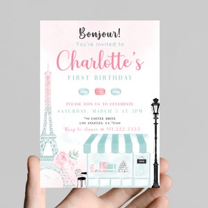 Bonjour! Parisian Eiffel Tower, Paris cafe themed,girl 1st birthday invitation, edit to any age, macaroons, girl birthday, digital,printable