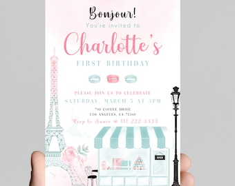 Parisian Eiffel Tower Birthday Invitation, Macaroon Cafe Theme (Digital, Printable)