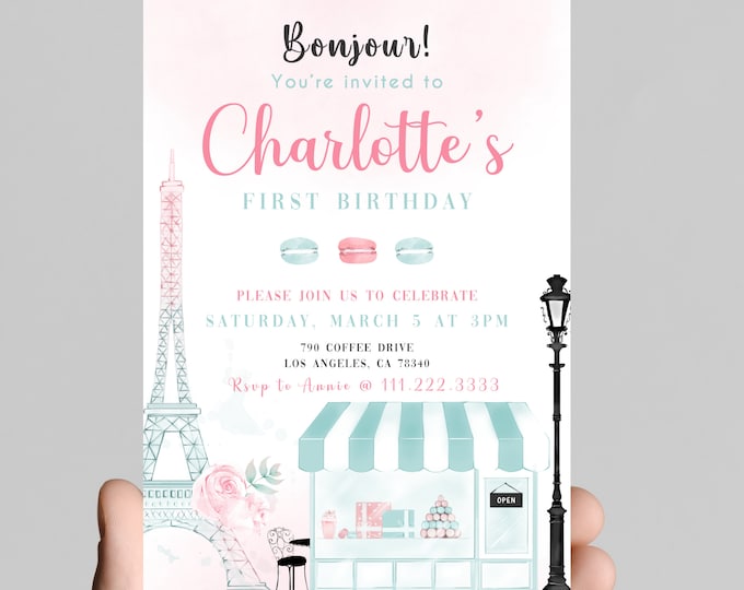 Bonjour! Parisian Eiffel Tower, Paris cafe themed,girl 1st birthday invitation, edit to any age, macaroons, girl birthday, digital,printable