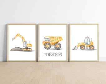 Construction Truck Nursery Decor, Personalized Name Prints (Set of 3)