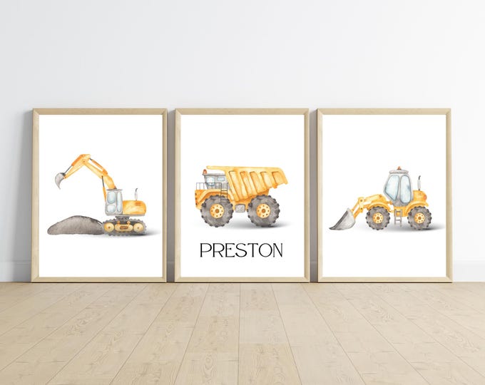Construction truck room decor, PRINTED and shipped to you, 11x14inches, set of 3 with child’s name, printed on matte paper, NOT framed.