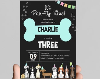 Paw-Ty time! Puppy dog theme birthday invitation, pup-tastic  birthday, printable, digital