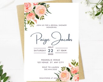 peachy tones of floral and greenery bridal shower invitation, Wedding, simple, minimalist, printable, editable, instant download template