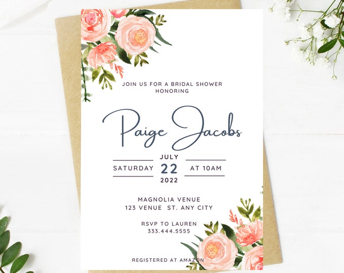 peachy tones of floral and greenery bridal shower invitation, Wedding, simple, minimalist, printable, editable, instant download template