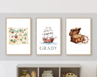 pirate theme kid’s nursery or room decor with child’s NAME,wall art, treasure map, pirate ship, treasure, 11x14,set of 3, frame not included