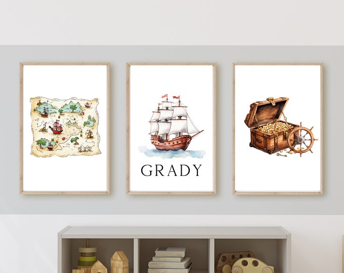 pirate theme kid’s nursery or room decor with child’s NAME,wall art, treasure map, pirate ship, treasure, 11x14,set of 3, frame not included