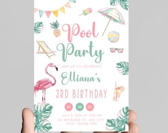 Pool party summer theme girl birthday invitation, let’s be cool by the pool, pink, tropical, age is editable, digital or printable