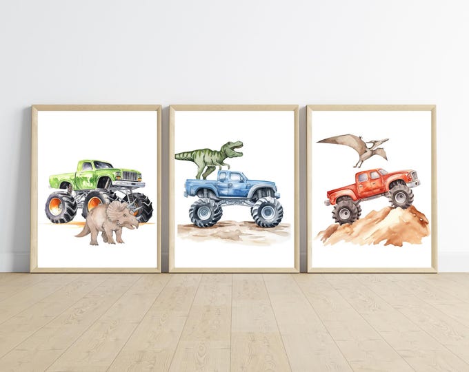 Monster trucks and dinosaur theme room decor, boy bedroom wall art, monster truck and t-Rex dinosaur, set of 3 digital download