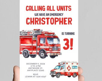 Fire Truck Birthday Invitation, First Responders Theme (Digital Download)