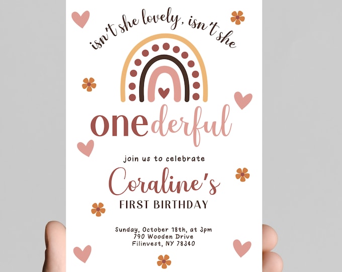 Isn’t she ONE-derful theme 1st birthday party invitation, isn’t she lovely isn’t she wonderful, girl first birthday, printable, digital
