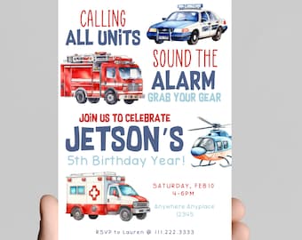 Calling all units, sound the alarm and grab your gear, firs responders 911 theme, fire fighter truck, police car, ambulance