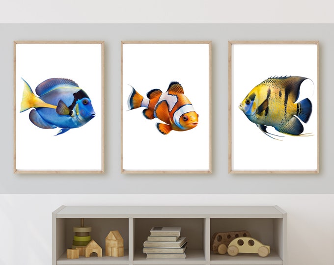 ocean fish nursery bedroom decor, beach, coastal nursery decor, sea fishes nursery room decor, 11x14, set of 3 prints included, customizable