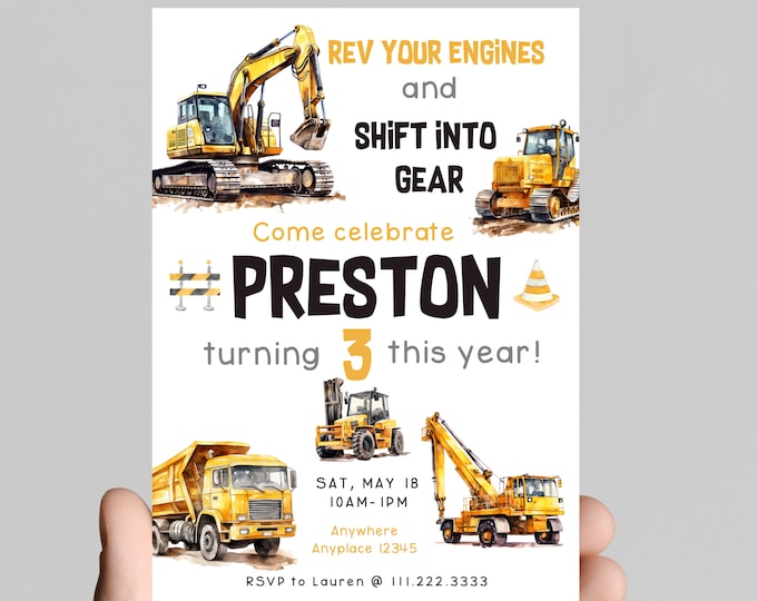 construction truck theme Birthday Invitation,join our crew to celebrate the birthday boy, edit to any age,  dump truck, excavator, bulldozer