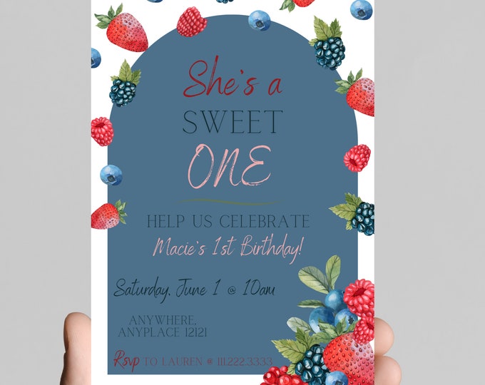 She’s a sweet ONE Berry First birthday themed berry birthday invitation themed girl birthday party, strawberries, sweet girl, first birthday
