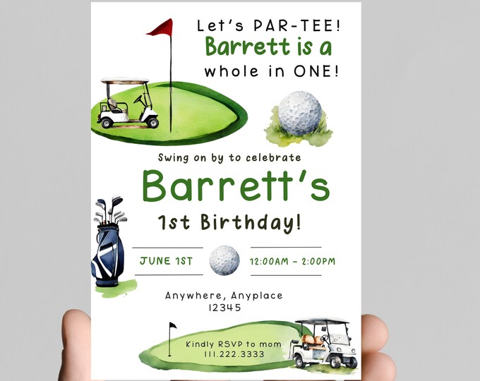 Hole in one! Let's PAR-TEE birthday invitation, first birthday party, golf theme, perfect for a little boy's birthday, customizable