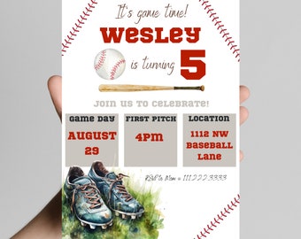 It’s game time, child is turning 5, baseball birthday boy invitation, home run,party, age is customizable, easy to edit, printable, digital.