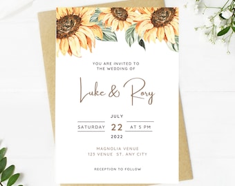Beautiful Wedding invitation, sunflower floral, Wedding, simple, minimalist, sunflower, printable, editable, instant download template