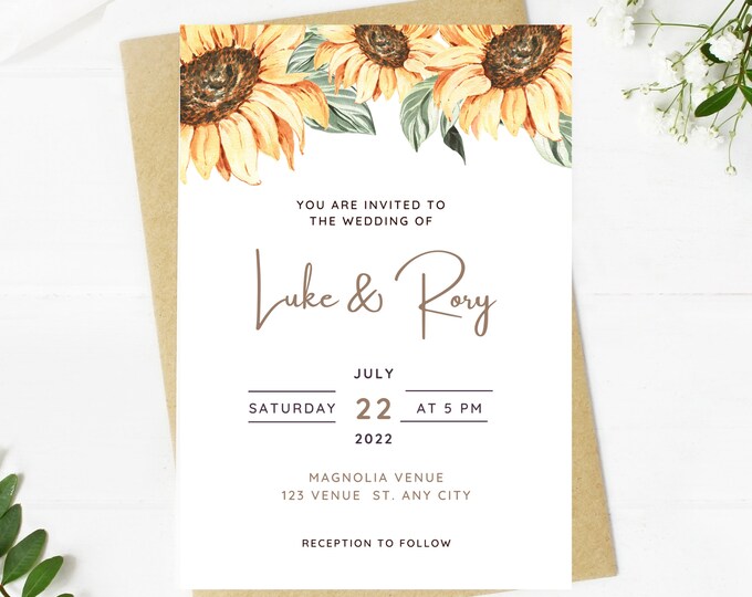 Beautiful Wedding invitation, sunflower floral, Wedding, simple, minimalist, sunflower, printable, editable, instant download template