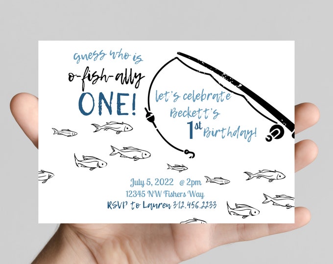 O'FISHally ONE theme Birthday Invitation, guess who is officially one, fish, fishing, water, first birthday invitation